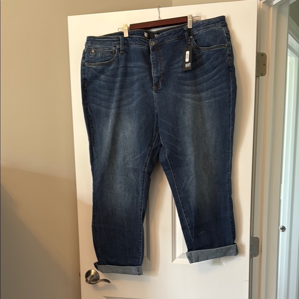 NWT. Kut from the cloth brand Blue Boyfriend Jeans with Rolled Hems. Size 24W.